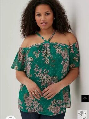 Torrid NEW Plus Size 3x: Cold Shoulder Halter Top - Crinkle Chiffon Floral Green